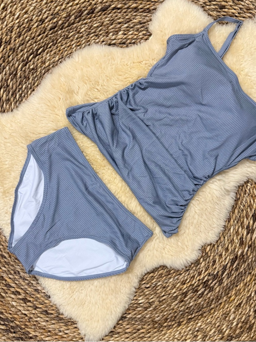 EOMENIE Light Blue Ribbed Square-Neck Swimsuit - Picture 5 of 7